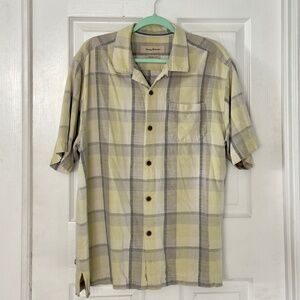 Tommy Bahama Silk Shirt Men's L Original Fit Yellow and Gray Plaid Button Down